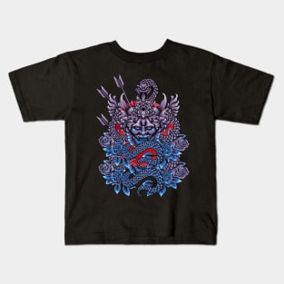 The blue snake coiled around the Hannya Mask Kids T-Shirt